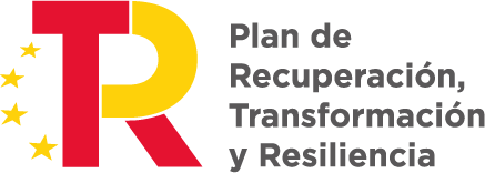 Logo del Plan de Recuperación, Transformación y Resiliencia, con un diseño que incluye un círculo amarillo y una letra "R" en rojo, representando iniciativas de desarrollo sostenible en España.