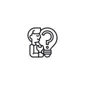 Icono de una persona pensando junto a una bombilla y un signo de interrogación, representando creatividad y resolución de problemas.